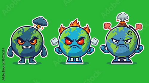 Angry Earth Cartoon Characters Depicting Climate Change and Environmental Issues.