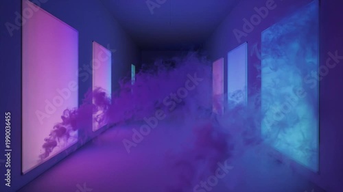 静寂な白い回廊を漂うUVスモーク 瞑想的スローパン夜間映像