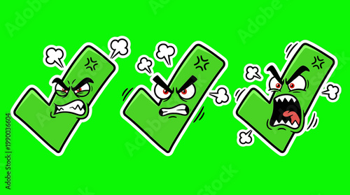 Angry green check marks expressing frustration and disapproval on green background.