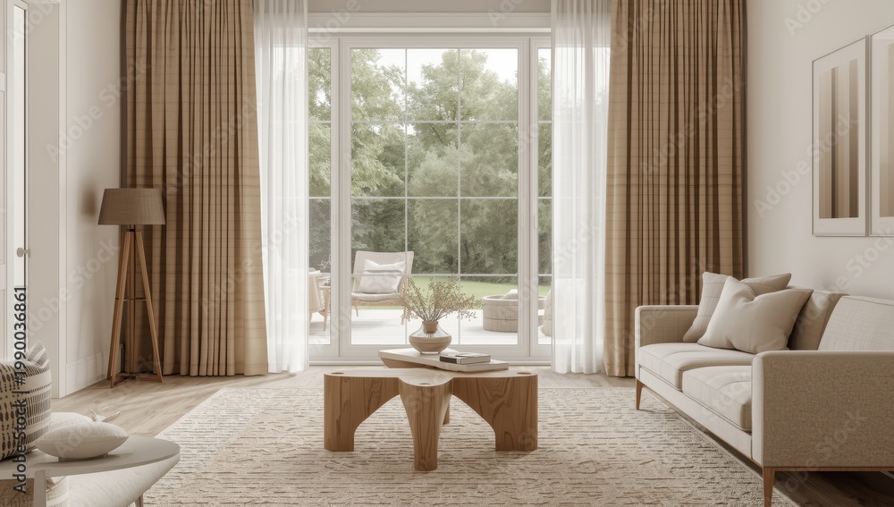 Fototapeta premium Contemporary furnishings and drapes in a chic interior space.