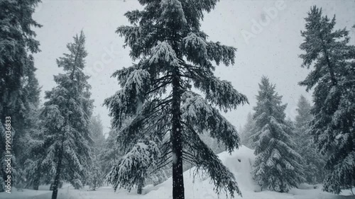 霜覆われた松の木を旋回する雪嵐 ドローン周回撮影 曇天 森林冬嵐