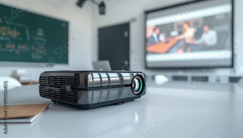Contemporary projector on a white table inside, detailed view.