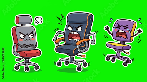 Angry Office Chairs with Facial Expressions on Green Background.