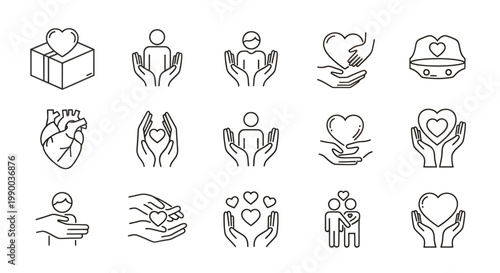 Collection of line art icons illustrating giving, helping, charity, and volunteer gestures across people and hands.