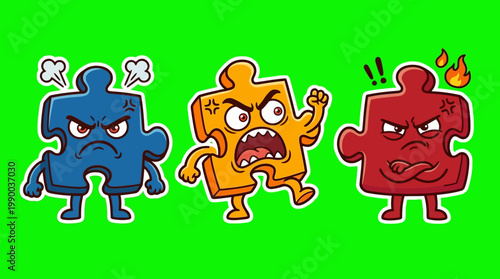 Angry Puzzle Pieces Displaying Frustration and Annoyance on Green Background.
