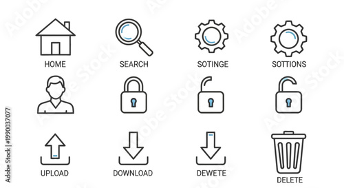 Set of outline icons for web design and user interface, including home, search, settings, user, upload, download, delete, and trash