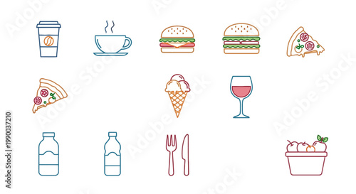 A collection of colorful and clean flat icons representing various food and drink items commonly found in cafes, fast food restaurants, and eateries