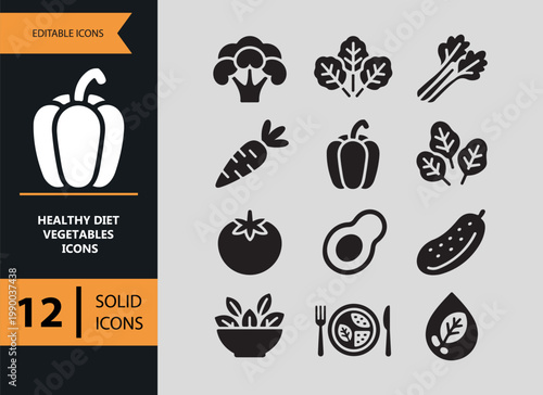 Healthy Diet Vegetables Solid Icons Organic Nutrition Food Collection Set