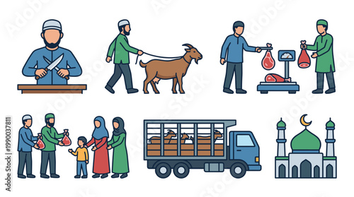 Colored outline vector bundle representing Qurbani vibe for Eid Al Adha featuring butcher meat weighing charity distribution livestock truck and mosque
