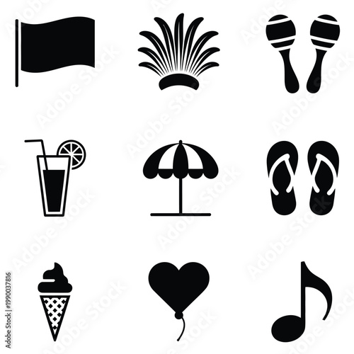 A set of nine black vector icons on a depicting summer vacation symbols