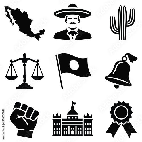 Collection of nine black and white icons