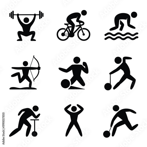 Collection of nine black silhouette icons depicting various sports