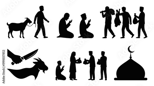 Minimalist Silhouette Vector Of Eid Al Adha Qurbani Vibe With Mosque Praying Muslims Goat Sacrifice Ritual And Giving Charity Meat To Needy People