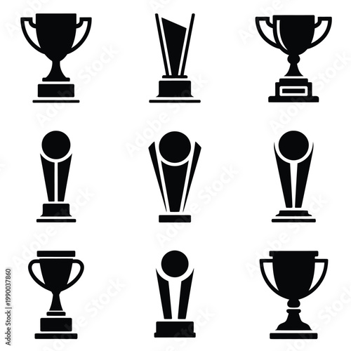 Collection of black trophy icons in various styles and designs