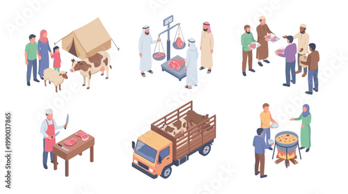 Eid Al Adha Qurbani Vibe Vector Set Showing Islamic Sacrificial Rituals Butcher Cutting Meat Truck Transporting Cow And Muslim People Cooking Together