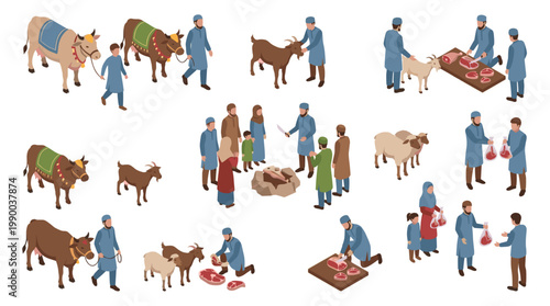 Isometric Qurbani Vibe Vector Illustration For Eid Al Adha Festival Showing Muslim People Sacrificing Cow Goat Sheep And Distributing Meat To Community