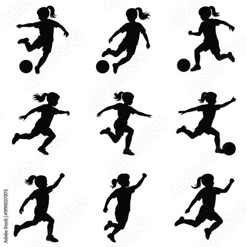 Silhouette illustrations of young girls playing soccer in various dynamic poses