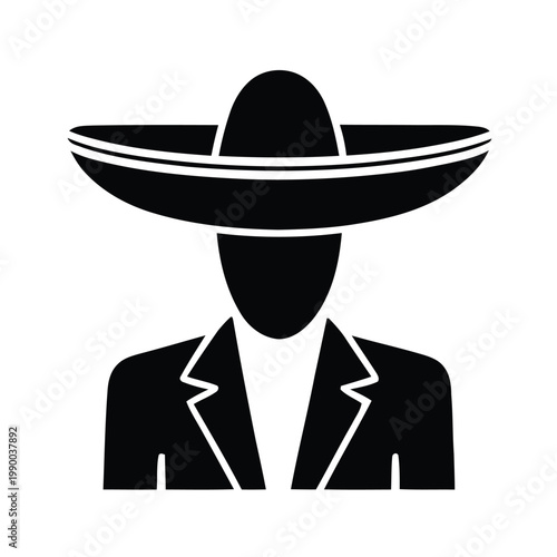 A black silhouette of a man wearing a large sombrero hat and a suit