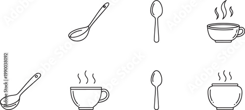 Black and white line of various kitchen utensils line black and white