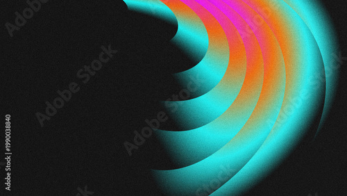 Foto Abstract spiral gradient background with vibrant magenta, orange, and neon cyan hues, grainy noise texture, and dark black backdrop