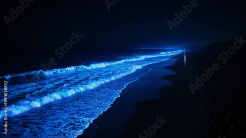 発光する海岸線を周回するドローン映像・宝石のように輝く夜の浜辺