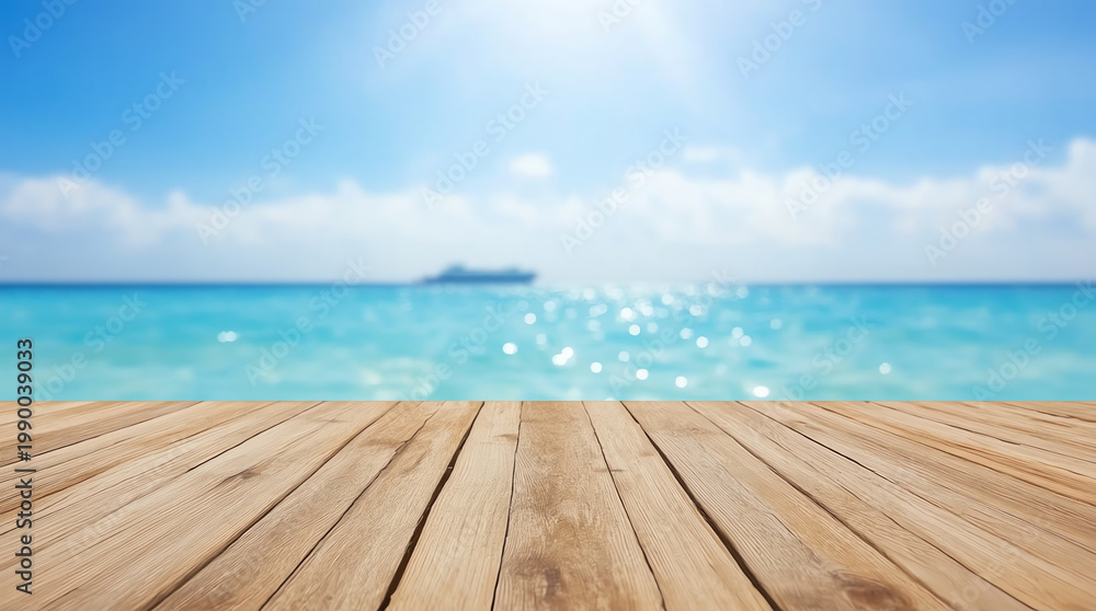 Fototapeta premium Wood table top on blur sparkling sea water and summer sky background