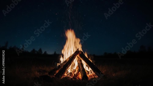 焚き火の炎越しに星空へ舞い上がる火の粉・夜のキャンプ臨場感映像