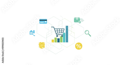 E-commerce, shopping, finance icons, business symbols, vector graphics, 8 elements, colorful illustrations, commercial concept