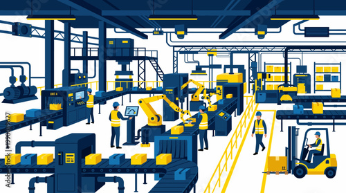 Industrial factory interior with workers and machinery.
