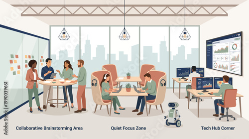 Modern office space with collaborative work areas.