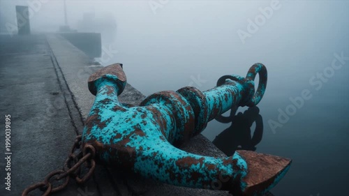 霧の港の錨 緑青パティナ 夜明け ロングショット ドリー映像