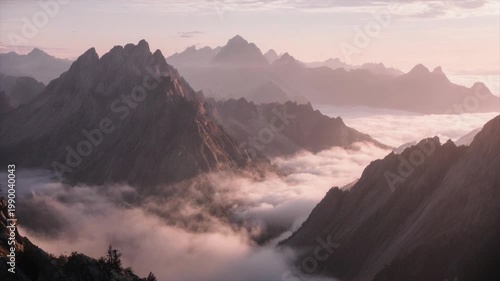 霧に包まれた山頂の幻想的な空撮映像・夜明けの光と雲海