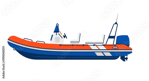 Flat vector illustration of a rigid inflatable motor boat isolated on white background
