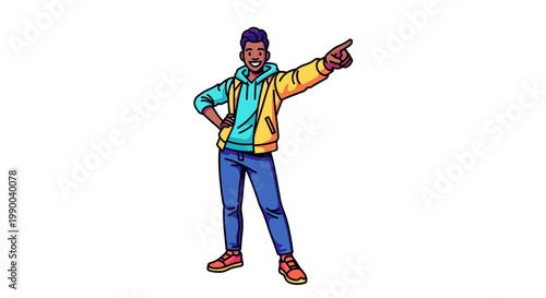 Young man pointing with a cheerful smile.