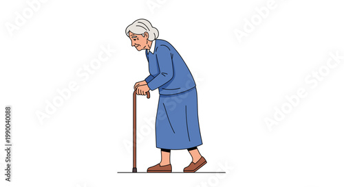 An elderly woman with grey hair walks slowly, using a wooden cane for support.