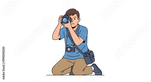 A focused man taking a photo with his camera while kneeling.