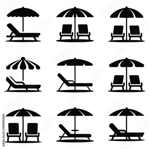 Collection of black beach chair and umbrella icons