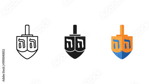 A traditional Hanukkah dreidel, a spinning top used for games, is vividly represented in different icon styles for holiday themes.