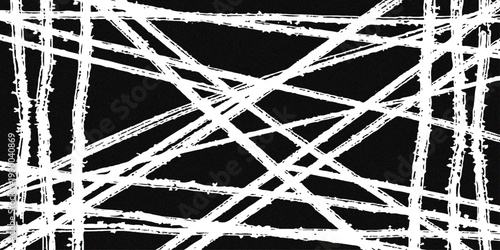 Black and white abstract geometric pattern with intersecting With Crisscrossing Rough Brush lines and shapes on a white  Grunge background.