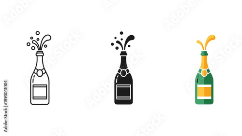 A celebratory champagne bottle with a cork popping and liquid spraying upwards, symbolizing a festive moment, is shown in various styles.