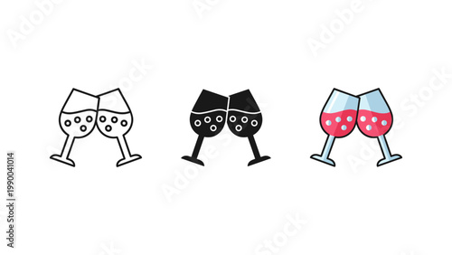 Two elegant wine glasses clinking together in a toast, symbolizing celebration and camaraderie, are illustrated in various styles.