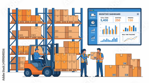 Workers in a warehouse with forklift and boxes.
