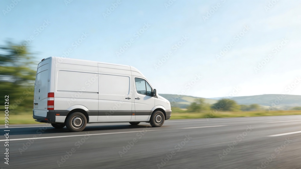 Fototapeta premium White van driving on road