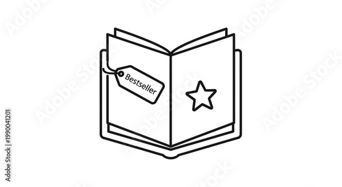 Bestseller Book Icon with Star and Tag, Line Art Illustration