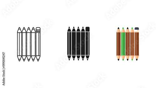A neat row of pencils, with one highlighted in green, is displayed in different artistic representations for educational purposes.