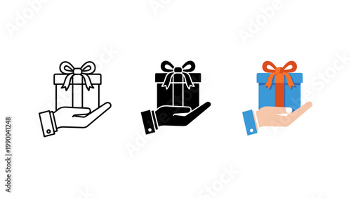 A generous hand extends forward, offering a beautifully wrapped gift box with a bow in various icon styles.