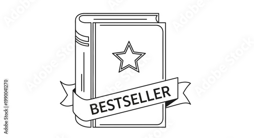 Bestseller Book with Star Icon and Ribbon - Line Art Illustration