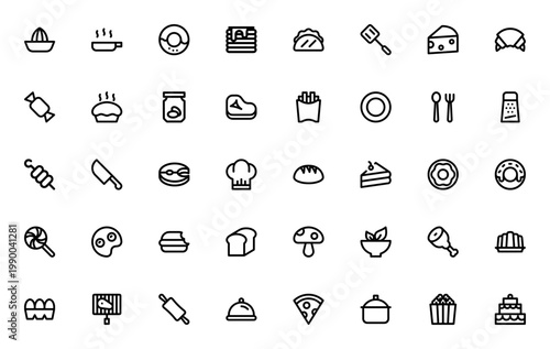 Food icon set. Minimal vector illustrations. Kitchen and cooking icons pack. Includes squeezer, frying pan, donut, taco, spatula, cheese, cake, pizza, chef hat and more. Editable stroke.