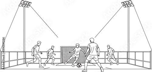 Black and White Line Art Illustration of a Soccer Match in Arena