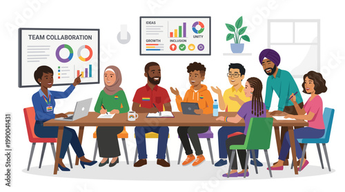 Flat vector illustration of a diverse team celebrating pride month with collaborative inclusion in a productive business meeting, emphasizing teamwork and equity